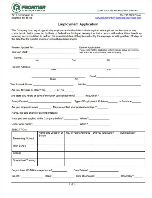 Frontier Landscape Service Job Application